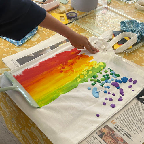 Makery Nook, paint exploration session, rainbow tote bag